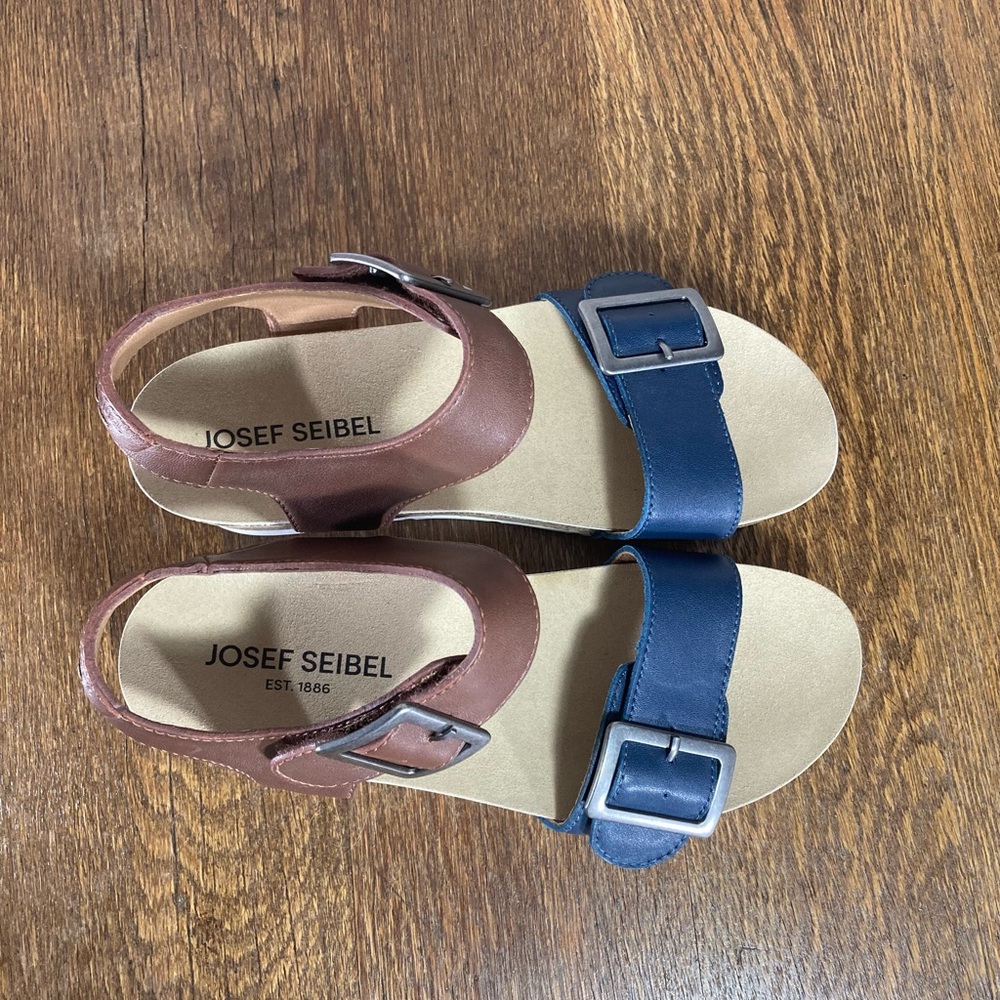 New Josef Seibel Quinn 02 Leather Buckle Wedge Women’s Size 7-7.5 Ocean/Camel - Picture 5 of 10